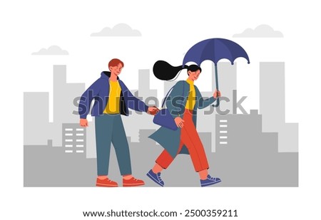 Street thief concept. Man steals woman wallet from her bag. Unsafe and dangerous city, criminal and robbery. Crime scene outdoors. Flat vector illustration isolated on white background