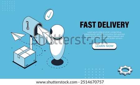 Isometric bot fast delivery poster. Internet bot with parcels and mails. Virtual assistant and helper with messages. Mailing service. Landing webpage design. Linear vector illustration