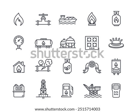 Set of natural gas line icons. Simple symbols with gas pipeline, cast iron burners, fuel tanks and gas station. Editable stroke. Outline vector illustration collection isolated on white background