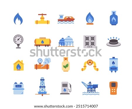 Set of natural gas line icons. Colorful signs with gas meter, gas pipeline, gas stove and fuel tank. Design element for app or website. Flat vector illustration collection isolated on white background