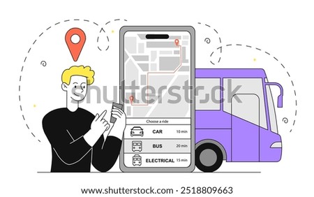 Man with online bus tickets. Young guy with smartphone buys pass on Internet. Urban infrastructure and transport system. Trip and travel. Linear vector illustration isolated on white background