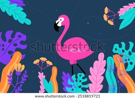 Flamengo in tropics. Pink feahtered bird with colorful tropical and exotic leaves. African flora and fauna. Biology and zoology. Flat vector illustration isolated on blue background