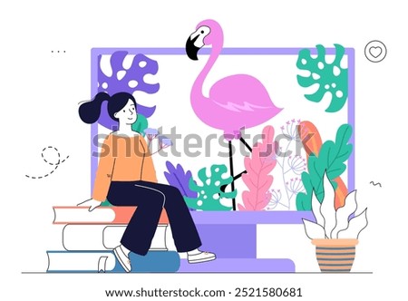 Woman with hd video. Young girl watching video of flamengo on TV. Modern technologies and innovations. High resolution display for gadget and devices. Linear vector illustration