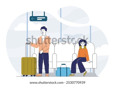 People waiting at airport. Man and woman sitting on chairs and waiting for plane. Travelers with delaying flight. Holiday and vacation, tourism. Linear vector illustration isolated on white background