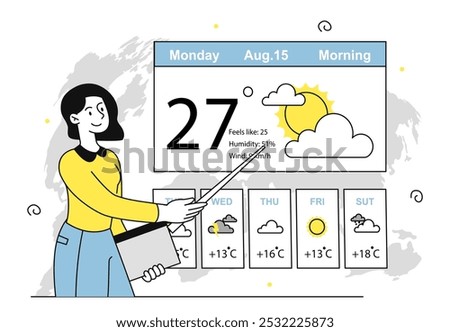 Meteorologist with pointer. Woman with pointer tells weather forecast. Television meteorological show. Knowledge and information. Linear vector illustration isolated on white background