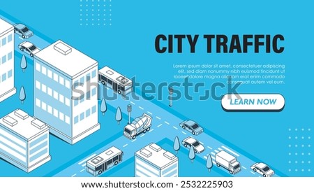 Isometric city traffic poster. Cars at crossroad at urban streets. Pedestrian crosswalk and zebra. Landing webpage design. Linear vector illustration isolated on white background