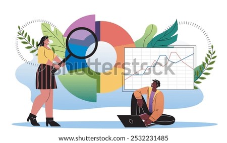 People with statistic analysis. Man with laptop and woman with magnifying glass evaluate graphs and diagrams. Analysts with infographics and statistics. Flat vector illustration