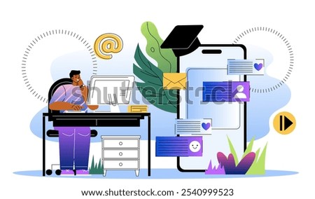 Man create social media content. Young guy behind computer screen will send article. Blogger and influencer creates posts for social networks. Flat vector illustration isolated on white background