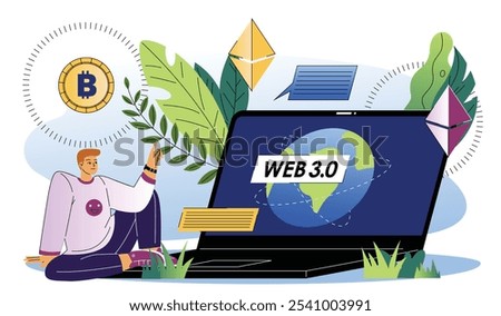 Man with web 3.0. Young guy near laptop with new Internet page. Cryptocurrency and Blockchain. Modern technologies and innovations. Flat vector illustration isolated on white background