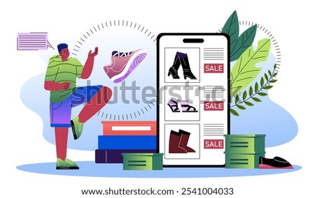 Man with shoes sale. Young guy with online shopping. Electronic commerce and retail. Home delivery. Digital transfers and transactions. Flat vector illustration isolated on white background