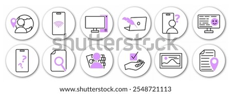 Seo file and approved line icons set. Laptop, computer and smartphone. Analysis of user behavior. Promotion of website and page on Internet. Linear vector collection isolated on white background