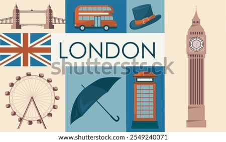 London icons set. Big Ban, double decker bus, hat and black umbrella, telephone booth, ferris wheel and British flag. International landmark. Travel and tourism. Flat vector illustration