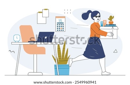 Woman leave office. Young girl with box of things leaves office. Rest and vacation, holiday. Free worker or employee. End of work day. Linear vector illustration isolated on white background