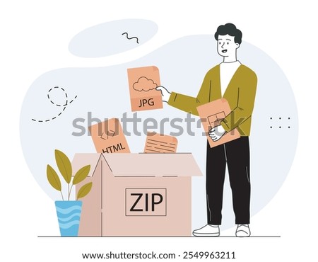 Man with zip files. Young guy with pictures and images in folder. Electroonic archive with database and information. Compression and archiving. Linear vector illustration isolated on white background