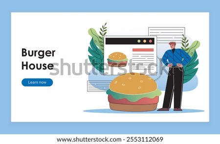 Burger house landing page. Man near huge hamburger. Young guy with fast food and takeaway eating. Advertising for street food cafe. Flat vector illustration isolated on blue background