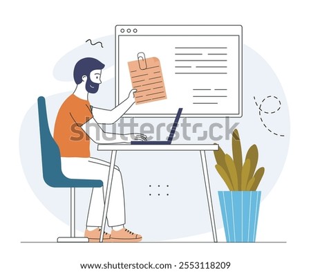 Attached file in email. Man sends document via electronic mail. Business correspondence on internet. Data sharing online. Linear vector illustration isolated on white background