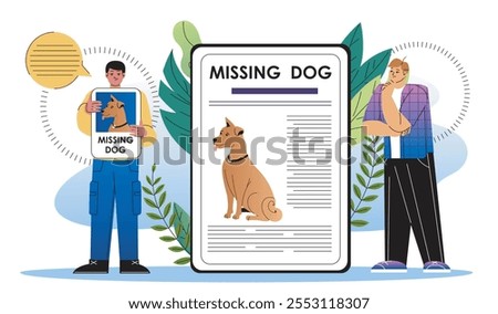 Missing dog poster. Two men near placard with puppy. Notice and announcement. Disappeared doggy. Homeless lonely pet. Flat vector illustration isolated on white background