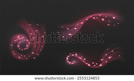 Wind with petals set. Sakura leaves and foliage in windstreams. Ecology, nature and environment. Japanese fresh air flow. Realistic vector collection isolated on transparent background