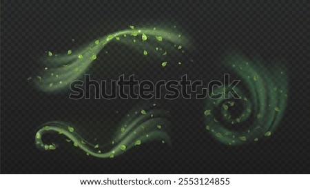 Wind with leaves set. Mint leaves and foliage in windstreams. Ecology, nature and environment. Fresh air flow. Realistic vector collection isolated on transparent background