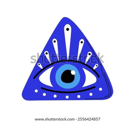 Turkish evil eye. Traditional turkish amulet with blue eye in triangle. Protection from evil spirits. Sticker for social networks. Flat vector illustration isolated on white background