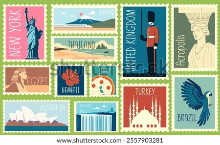 Set of travel post stamp. Famous landmark mail postmark. Postal stickers with tourist attractions and landscapes of different countries. Flat vector illustration collection isolated on background