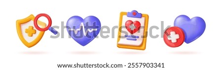 Healthcare Icon Set. Medical signs and symbols in plasticine style. Health insurance shield, heart with pulse, patient card and treatment. Realistic 3D vector illustration isolated on background