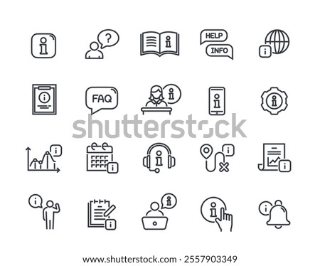 Info center line icons set. Simple symbols with Guidebook, Call center, Question mark, FAQ and Customer support service. Editable stroke. Outline vector illustration collection isolated on background