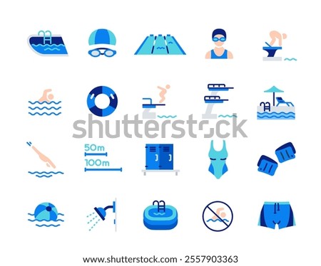 Set of icons related to swimming pool. Colorful signs with swimmer, swimsuit, pool, dive and inflatable ring. Design elements for app. Flat vector illustration collection isolated on background