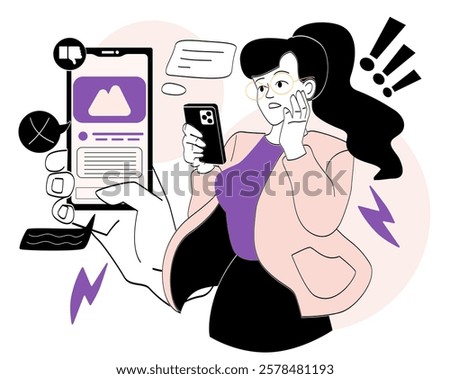 Woman looking shocked at her phone while holding another device. Stylized graphic elements like exclamation marks and a thumbs-down icon. Vector illustration