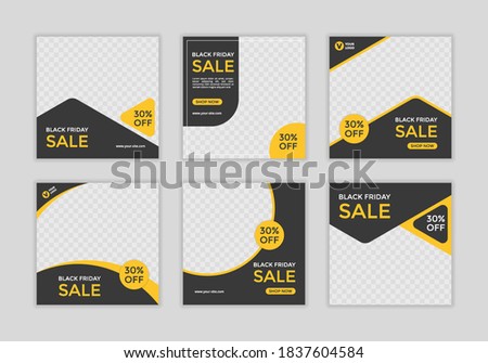 Set of Editable minimal square banner template. Black and yellow background color with shape. Suitable for social media post and web ads.