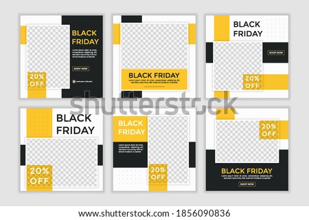 Black friday sale template. Set of Editable minimal square banner template. Black and yellow background color with shape. Suitable for social media post and web ads.