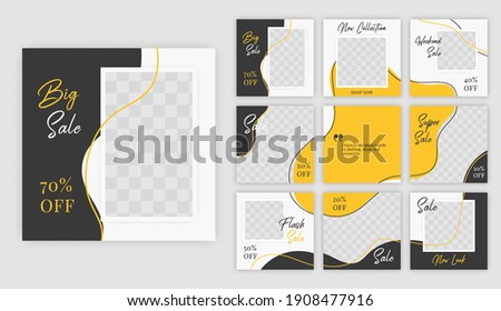 Set of Editable minimal square banner template. Black and yellow background color with shape. Suitable for social media post and web ads.