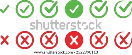 Check box icon with right and wrong buttons and yes or no checkmark icons in green tick box and red cross. Isolated checkmark. Check mark icon button set.