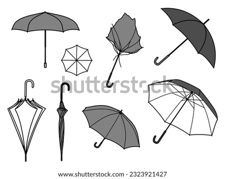 A set of simple monochrome illustrations of umbrellas from various viewpoints