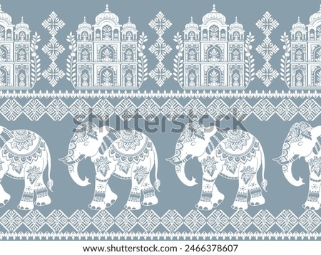 Seamless Pattern Tribal Ethnic indian Elephant pattern,Thai elephant, paisley and hamsa. Ethnic indian elephant background Hand drawn illustration. Wallpaper, cloth design, fabric, tissue, carpet