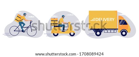 Online delivery service concept, online order tracking, delivery home and office. Warehouse, truck, scooter and bicycle courier, delivery man in respiratory mask. Vector illustration art