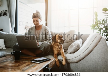 Photo of Businesswoman working on laptop computer sitting at home with a dog pet and managing her business via home office during Coronavirus or Covid-19 quarantine