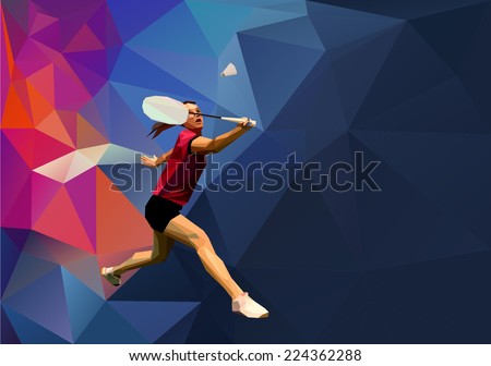 Badminton player on abstract polygonal background. Triangles background for your design. Geometrical lines vector