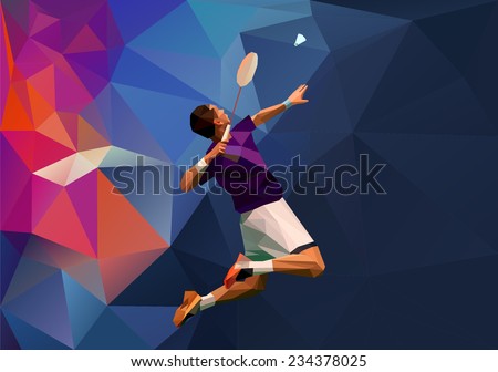 Vector abstract triangle polygon style male badminton player doing smash shot with space for poster, web, leaflet, magazine