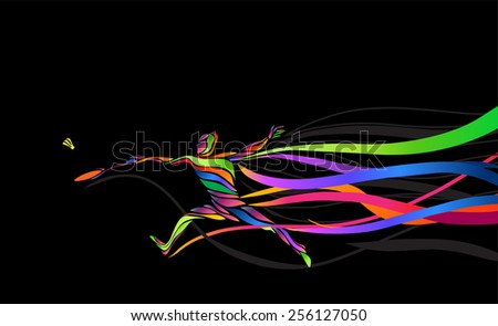 Badminton sport invitation poster or flyer background with empty space, banner template. Abstract colorful badminton player on black background