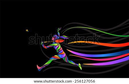 Badminton sport invitation poster or flyer background with empty space,  banner template. Abstract colorful badminton player on black background -  Stock Image - Everypixel