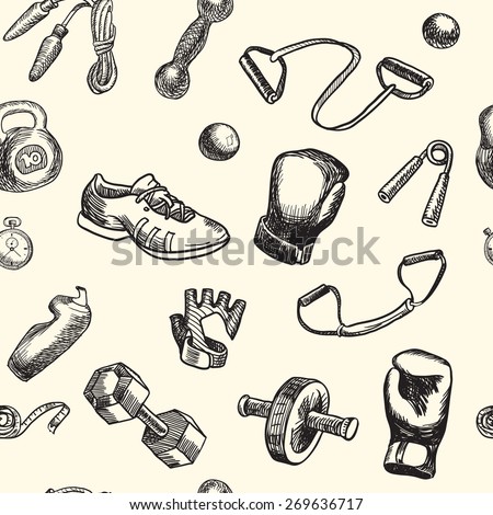 Fitness doodle hand drawn pattern. Sports, gym and training Seamless vector background