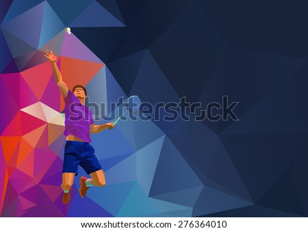 Polygonal geometric professional badminton player on colorful low poly background doing smash shot with space for flyer, poster, web, leaflet, magazine. Vector illustration