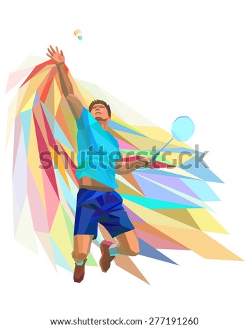 Polygonal geometric professional badminton player on colorful low poly background doing smash shot with space for flyer, poster, web, leaflet, magazine. Vector illustration