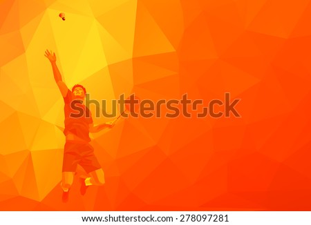 Polygonal geometric professional badminton player on colorful low poly orange background doing smash shot with space for flyer, poster, web, leaflet, magazine. Vector illustration