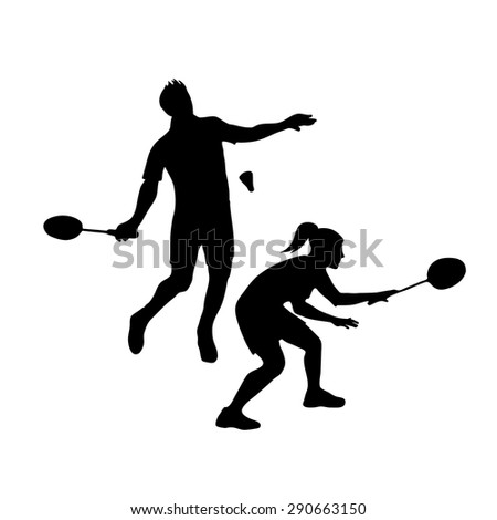 Silhouettes of mixed Team Badminton Players. Mixed doubles for badminton, male and female pair ready for serving