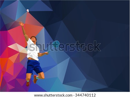 Polygonal geometric professional badminton player on colorful low poly background doing smash shot with space for flyer, poster, web, leaflet, magazine. Vector illustration