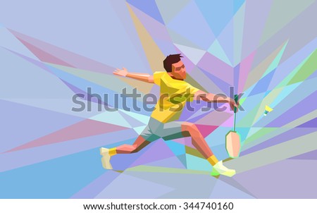 Polygonal geometric professional badminton player on colorful low poly background doing smash shot with space for flyer, poster, web, leaflet, magazine. Vector illustration