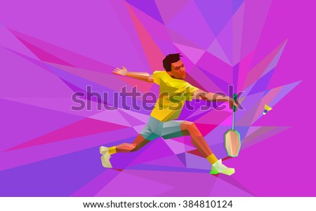 Polygonal professional badminton player on colorful low poly background doing smash shot with space for flyer, poster, web, leaflet, magazine. Vector illustration