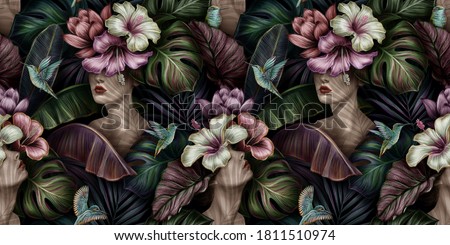Tropical exotic seamless pattern with woman, monstera, hibiscus, bromeliad, banana leaves, palm, colocasia. Hand-drawn 3D illustration. Good for production wallpapers, cloth and fabric printing. 
